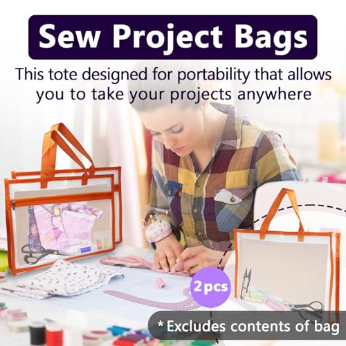 Image of 2 Pcs Portable Project Bags for Quilting Knitting, Stitching and Embroidery Projects Storage, Sew Project Bag with Zipper and Double Pockets, Transparent Mesh Sewing Project Bag for Crafter
