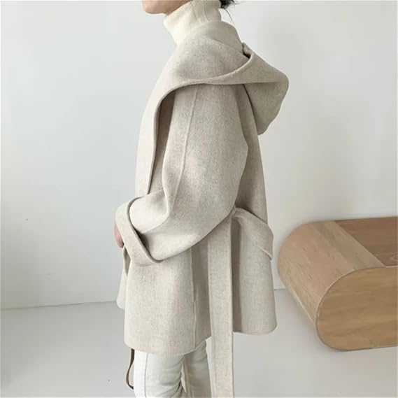 Women Open Front Cardigan Hooded Jacket Solid Lace Up Woolen Jacket Outerwear Woolen Coat