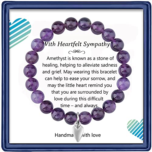 Sympathy Amethyst Bracelet for Loss of Loved Ones Memorial Healing Stretchable Bead Natural Stone 8mm Handmade Crystal Bracelet for Mother (Angel Heart)2