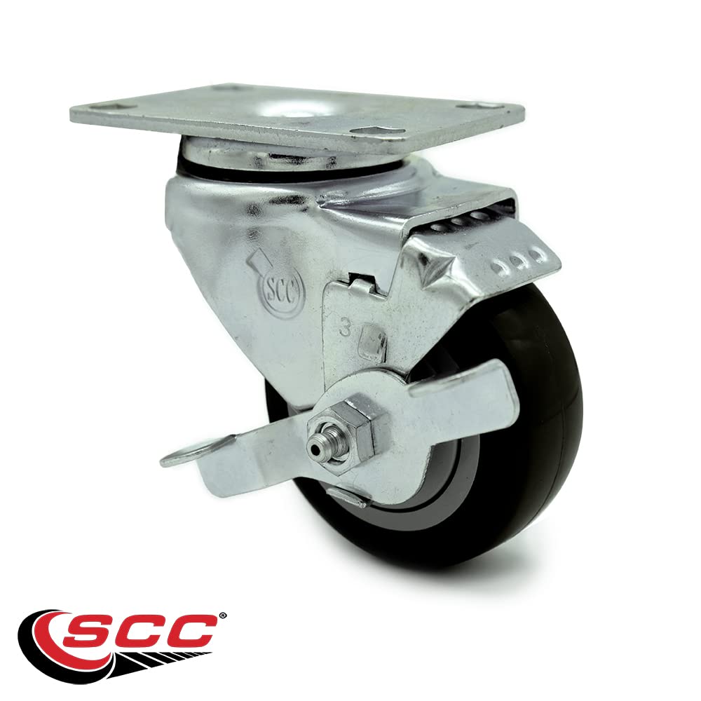 Polyurethane Swivel Top Plate Swivel Caster with 3 Inch Black Wheel and Top Locking Brake - 300 lbs. Capacity Per Caster - Service Caster Brand