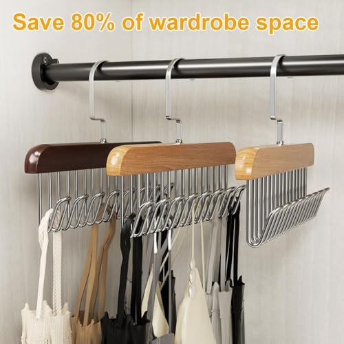Gürtelhalter Kleiderschrank, 2 Stück Holz Kleiderbügel mit 8 Haken 360 Grad Drehbarer Krawattenbügel Platzsparende Gürtelhalter Schrank Organizer Aufbewahrung für Schals Krawatten Gürtel (braun)
