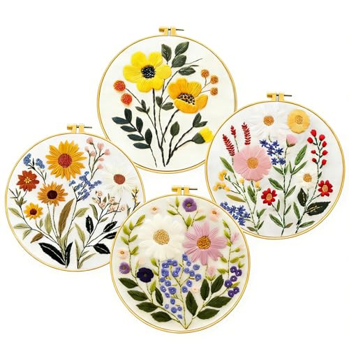 Image of Zhenqing 4-Piece Floral Embroidery Kit for Beginners - Complete Set with Printed Cotton Fabric, Hoop, Threads & Tools (C0155)