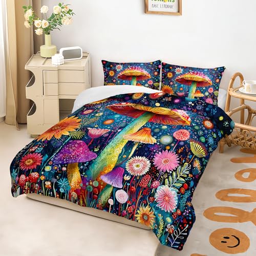 Image of AILONEN Cartoon Magic Mushroom Comforter Sets Full Size,Fantasy Floral Bedding Sets for Teens Adults,Soft Microfiber 3-Piece,1 Quilt + 2 Pillowcase