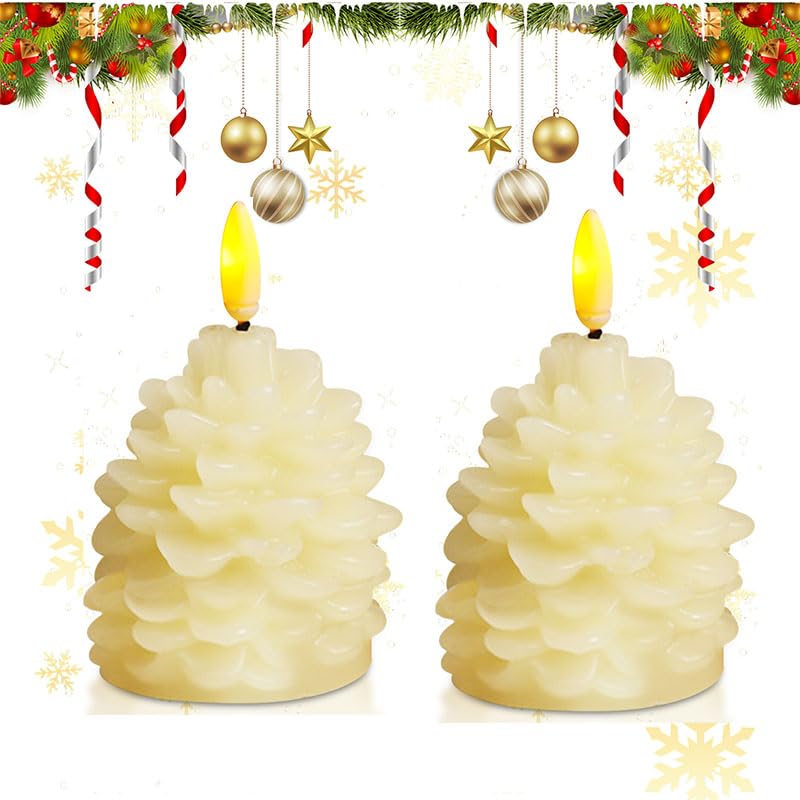 Christmas Flameless Candles, 2Pcs Pine Cone Flameless LED Candles Chrismas Pinecone Lights Battery Operated Decorative Candles Lights for Parties, Weddings Halloween, Christmas (Beige,6*10cm)