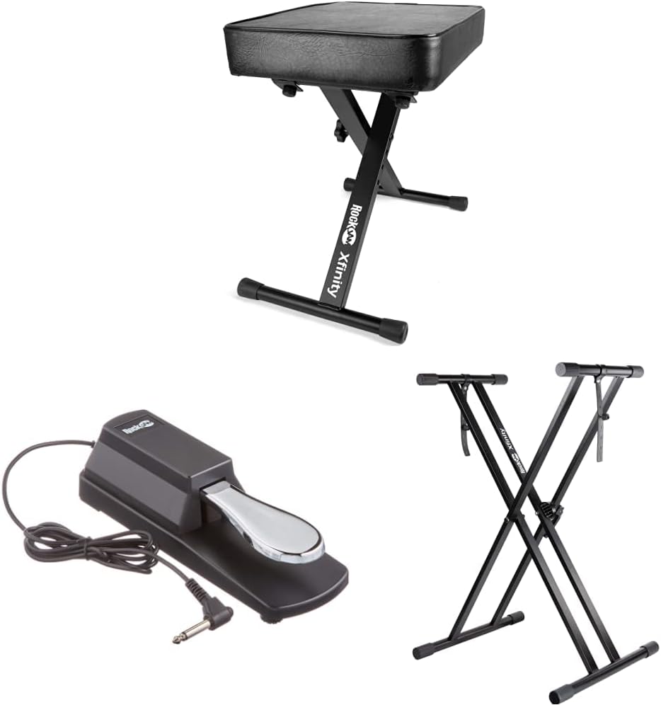 RJXX363 Xfinity Doublebraced Pre Assembled Highly Adjustable Keyboard Stand with Locking Straps + Adjustable Padded Keyboard Bench and Piano Stool + Sustain Pedal for Pianos and Keyboards