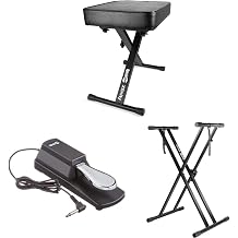 RockJam RJXX363 Xfinity Doublebraced Pre Assembled Highly Adjustable Keyboard Stand with Locking Straps + Adjustable Padded Keyboard Bench and Piano Stool + Sustain Pedal for Pianos and Keyboards
