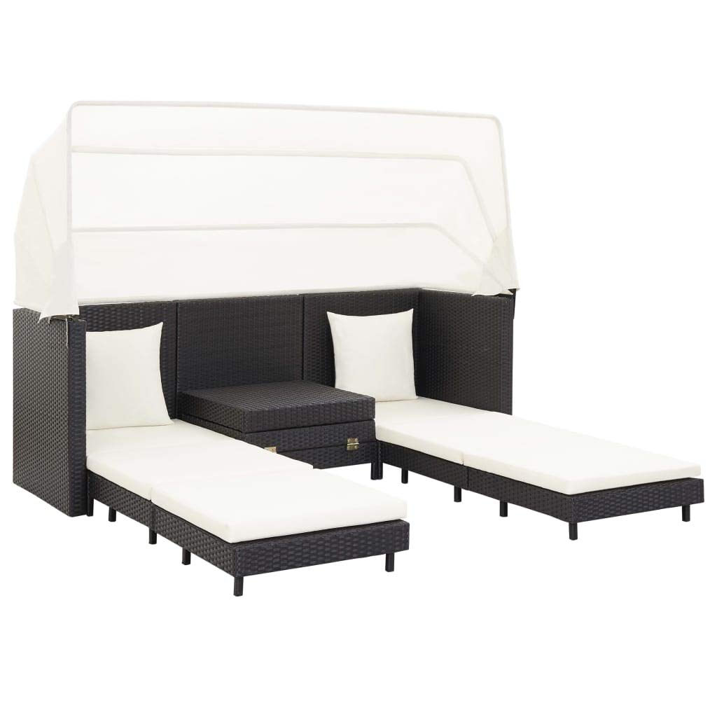 vidaXL Schlafsofa Ausziehbar 3-Sitzer mit Dach Sonnenliege Gartenliege Sofa Liege Gartenmöbel Gartensofa Gartenbank Poly Rattan Schwarz