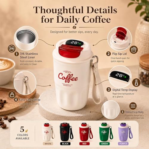Image of Coffee Vacuum Flask, 12oz Durable Insulated Tumbler Built-in LED Temperature Display, 316 Stainless Steel Travel Coffee Mug for Home, Office, And Outdoor Use (Smart temperature display-White)