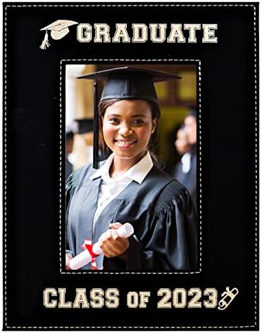 GIFT FOR GRADUATE - CLASS OF 2023 PICTURE FRAME – An Elegant Black Leatherette Frame Engraves in a Beautiful Gold - Special Display for Graduation Portrait Glass Photo Frame Engraved Gold (4x6-2023)