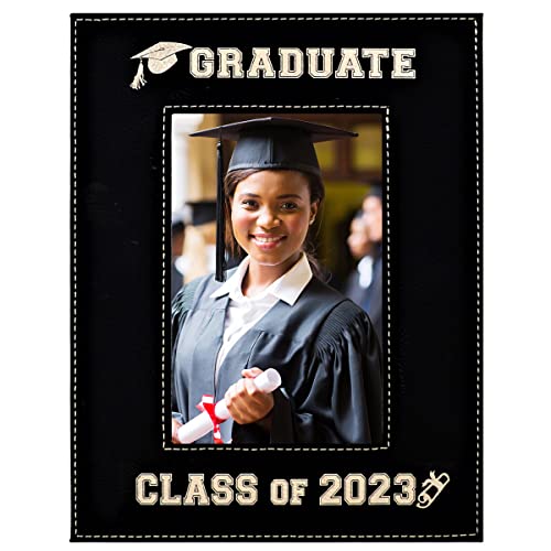 Gift For Graduate - Class Of 2023 Picture Frame – An Elegant Black Leatherette Frame Engraves In A Beautiful Gold - Special Display For Graduation Portrait Glass Photo Frame Engraved Gold (4X6-2023) #TOP27