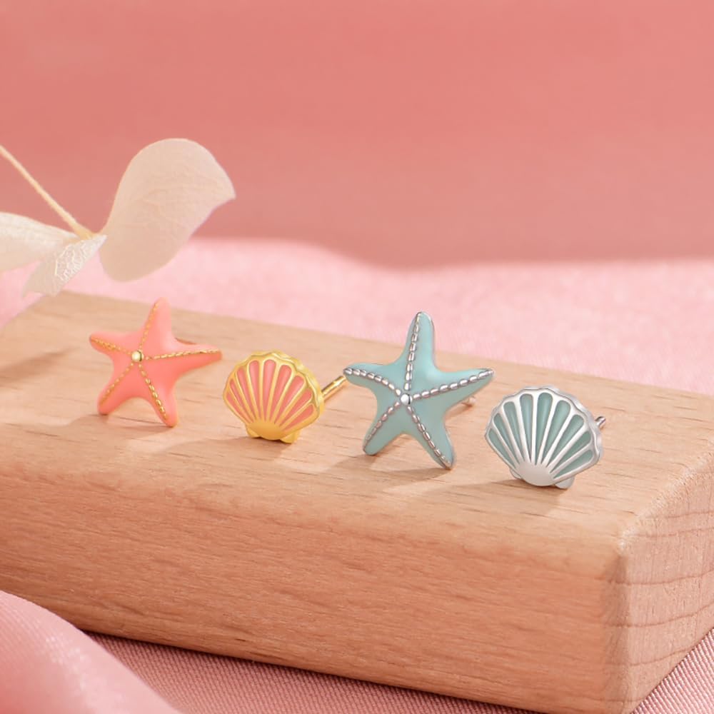 Blue Sea Shell Starfish Asymmetric Stud Earrings for Women 925 Sterling Silver Tiny Small Star Enamel Seashell Huggie Studs Earring Cute Jewelry Gifts Summer Beach Hypoallergenic - Image 5