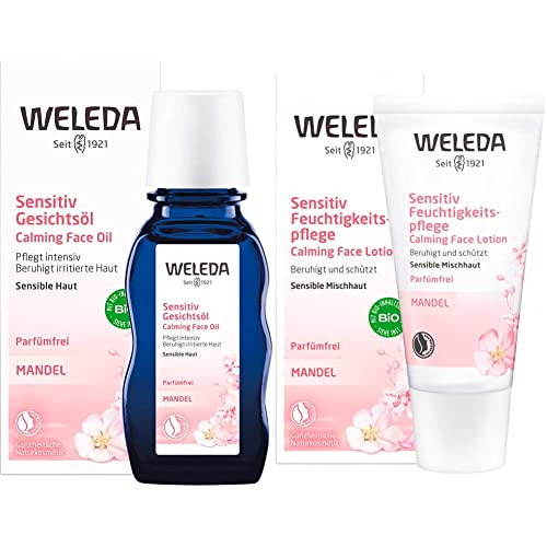WELEDA Bio Mandel Sensitiv Gesichtsöl, intensives Naturkosmetik Bio Pflegeöl gegen unreine Haut, Hautirritationen und zur Make-up Entfernung (1x50ml) & Bio Mandel Sensitiv Feuchtigkeitspflege(1x30ml)