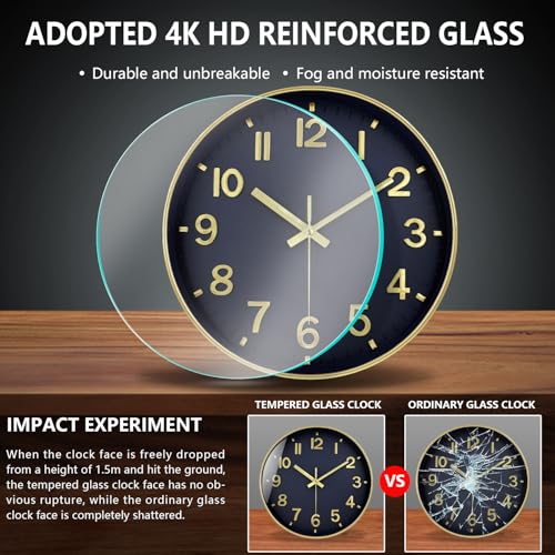 Image of Modern Wall Clock, 10 Inch Digital Wall Clocks Battery Operated, Round Non Ticking Silent Analog Clock for Bedroom Living Room Kitchen Office Gym Classroom Decor, Gold Navy Blue Battery Clock