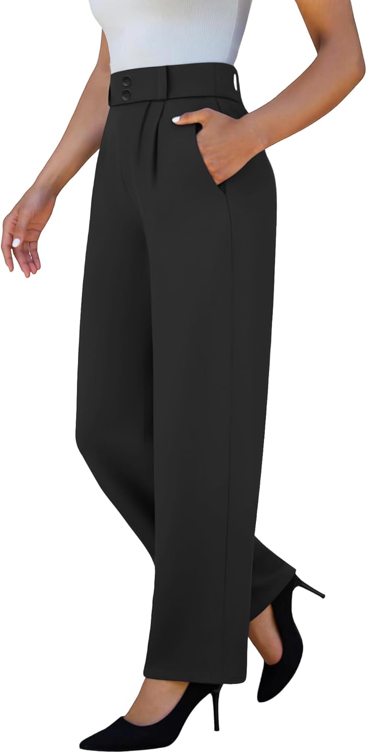 keriffe Womens Stretchy Dress Pants 2 Pockets High Waist Pull On Office Slacks Casual Business Work Wide Leg Pants Trousers