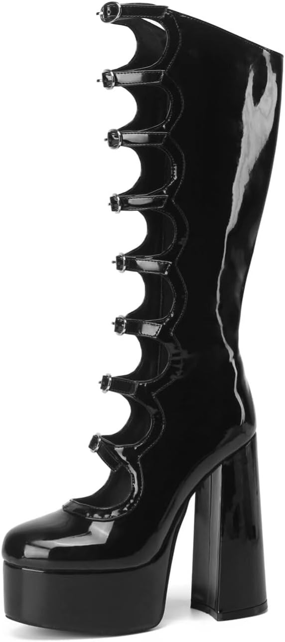 Frankie Hsu Gothic Lolita Women's Large Size Buckle Strap Black Patent Leather Platform Chunky Block Knee High Heeled Boots