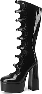 Frankie Hsu Gothic Lolita Women's Large Size Buckle Strap Black Patent Leather Platform Chunky Block Knee High Heeled Boots