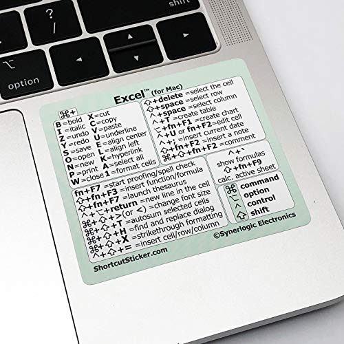 SYNERLOGIC Excel (for Mac) Cheat Sheet Reference Guide Keyboard Shortcut Sticker - Material Vinyl - Size 2.8\"x2.5\" (White/Green)