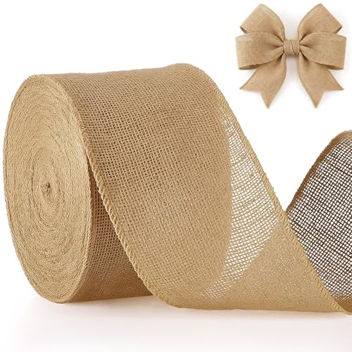 Chuangdi Burlap Ribbon Wide Jute Ribbon Natural Burlap Fabric Roll Wired Edge for Wreaths, Christmas Tree Decoration, Big Bow Crafts, Gift Wrapping, Wedding(4 Inch X 20 Yard)