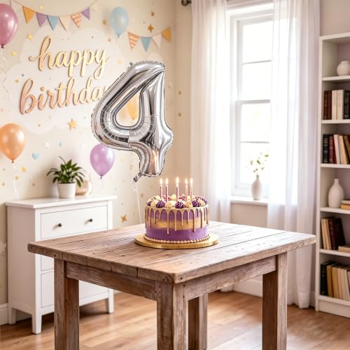 Image of Number Balloons Silver Party Balloon - Giant Number 4 Balloon, 40 Inch Large Balloon for Birthday Decorations, Silver Party Supplies for Anniversary