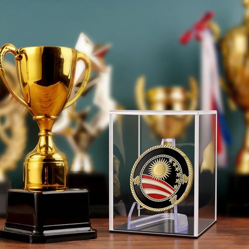 Image of Clear Acrylic Championship Ring Display Case with Black Base, Memorabilia Stand Cube Holder, Dust Protective Transparent Storage Box for Single Rings Souvenir Ring Collections