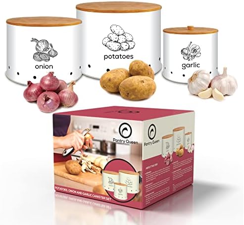Pantry Queen White Set Of 3 Garlic Potato Onion Kitchen Storage Canister for Pantry with Wooden Bamboo Lids - Functional, Durable and Vintage Kitchen Organization and Storage Bins With Aerating Holes