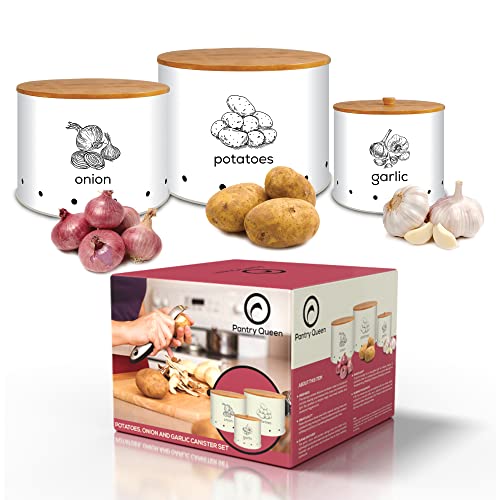 Pantry Queen White Set Of 3 Garlic Potato Onion Kitchen Storage Canister For Pantry With Wooden Bamboo Lids - Functional, Durable And Vintage Kitchen Organization And Storage Bins With Aerating Holes #TOP12