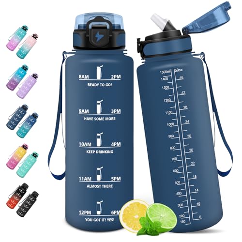Honeyholly Botella Agua, 1.5L Botella Agua Gimnasio con Pajita, Botella de Agua, con Marcador de Tiempo, Botella de Agua Deportiva, Prueba de Fugas, Cantimplora para Escuela, Senderismo, Fitness