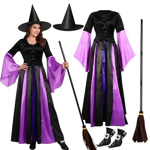 Liitrsh Women Witch Costume Set Sorceress Classic Dress with Witch Hat, Broom,shoe Covers Halloween Dress up(M,Purple)