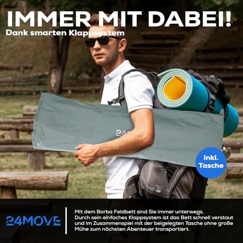 24MOVE® Feldbett Campingbett bis 150 kg In-und Outdoor Camping faltbar, 190 x 67 x 34cm, tragbar mit Tasche, für Garten oder Reisen, grau – Bild 4