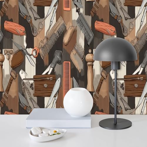 FUIENCFKE Peel and Stick Wallpaper Seamless Barber Tools Wood Textured Design Wall Paper Self Adhesive Removable Wallpaper for Barber Shop Salon Decor 23.6
