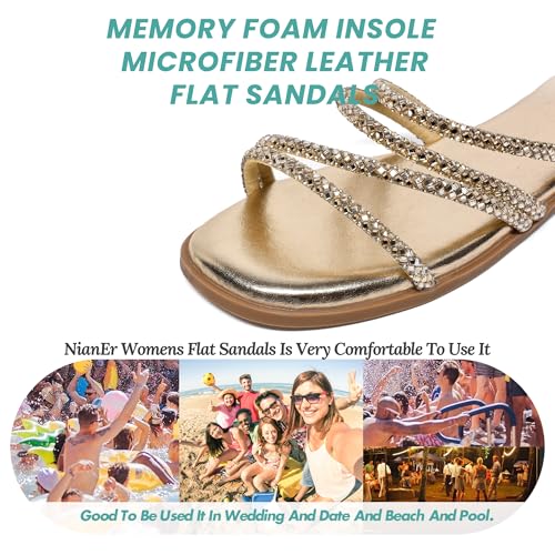 Image of NianEr Womens Microfiber Leather Memory Foam H Sandals Summer Shoes Slides | Flat, Comfortable, Slip On, Dressy, Dress, Beach, Vacation, Designer, Comfy, Casual, Bridal, Church, Boho, Office, Work