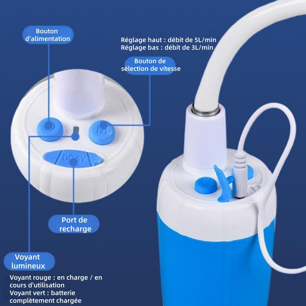 cozidia Douche de camping mobile avec pompe à eau rechargeable, pommeau de douche portable léger pour camping, randonnée, plage, entretien jardin et lavage voiture