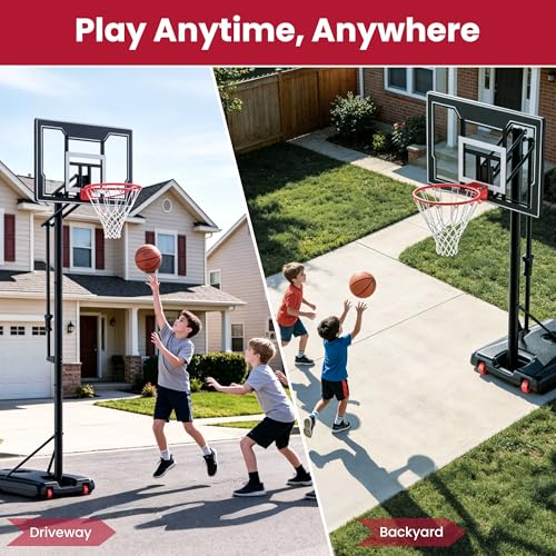 Image of Feelwin Basketball Hoop for Kids Youth Adults, Portable Adjustable Height Basketball Goal with Wheels for Outdoor Use,Backyard & Driveway