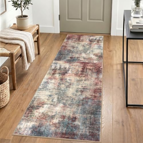 IOHOUZE Abstract Runner Rug 2x6 Ft Washable Runners for Hallways, Non Slip Kitchen Runner Printed Faux Wool Entryway Runner Indoor, Modern Abstract Floor Carpet for Hall Kitchen Bedroom, Red/Multi