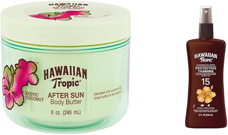 Hawaiian Tropic Manteiga corporal pós-sol com óleo de coco e spray de óleo bronzeador SPF 15, 2 unidades de 240 mL