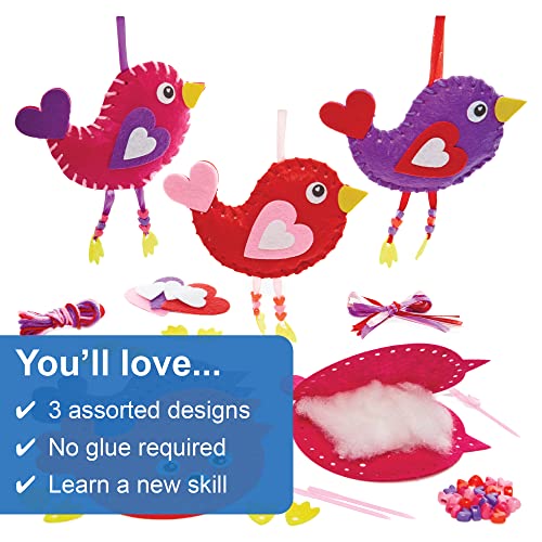 Baker Ross FX418 Bird Love Heart Sewing Kits - Pack of 3, Valentine's Sewing Craft Kits for Kids Purple, pink, red - Image 3