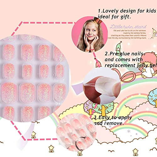 144Pcs False Nails Press On Nails For Kids - Self-Adhesive Short Fake Artificial Full Cover Nail Art Kits Transation With Nail Glue Tabs For Girls Children (120Pcs Sparkle Nails) #TOP2