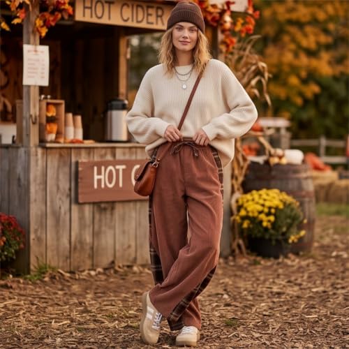 Women's Corduroy Pants Grunge Plaid Patch Work Barrel Pants - image 5