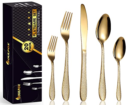 SoulFox Shiny Gold Silverware Set,20-Piece Silverware Flatware Cutlery Set in Ergonomic Design Size and Weight, Stainless Steel Flatware Set for 4.Used for Home and Restaurant, Dishwasher Safeï¼ˆGoldï¼‰