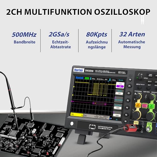 Hantek Oszilloskop 2 kanal, 500 MHz Oszilloskop mit 1 CH 25 MHz Wellenformgenerator, mit 2 GS/s Abtastrate, Ideal für Ingenieure, Hobbyanwender, Diagnose, Tests und Reparaturen (Hantek DSO2D50/500MHz)
