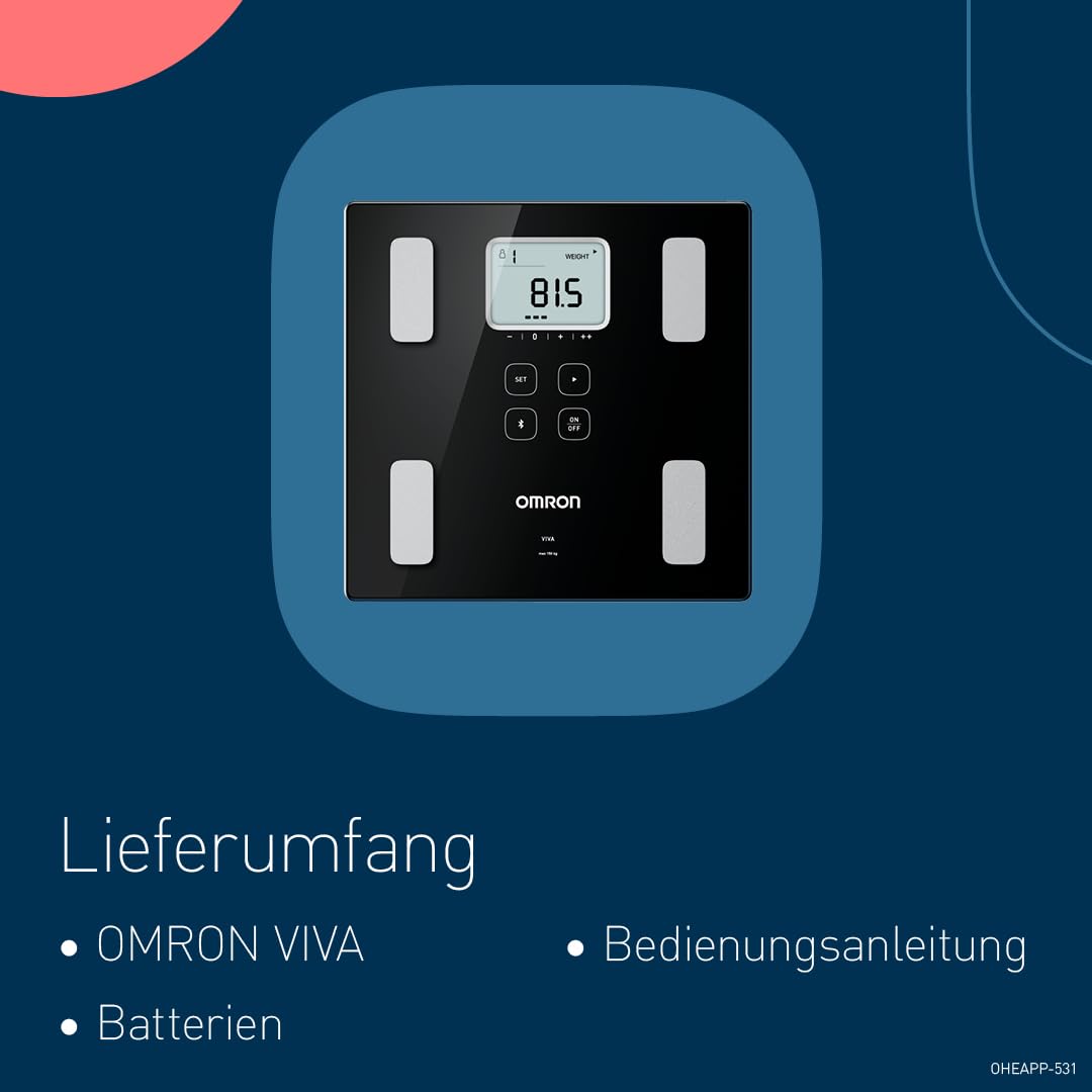 OMRON VIVA Personenwaage bietet präzise Gewichtsmessung, kombiniert mit Körperfettwaage für Viszeralfett, Muskel, Stoffwechsel, BMI sowie Herzgesundheit und Bluetooth-Sync zur OMRON Connect App