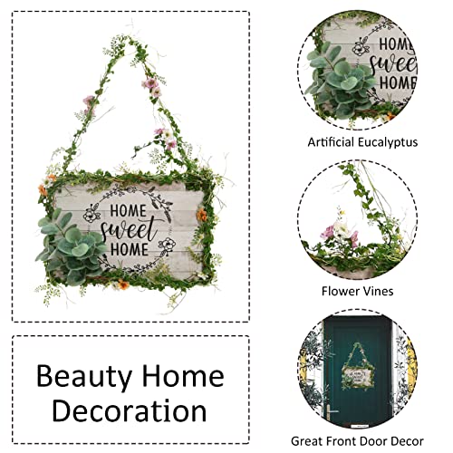 Colmoxy Welcome Sign For Front Door Decoration, Artificial Eucalyptus Home Decor With Greenery, Rustic Rectangle Wood Wreaths For Wall, Hanging Sign For All Seasons, Outdoor, Indoor, Farmhouse, Porch #TOP1