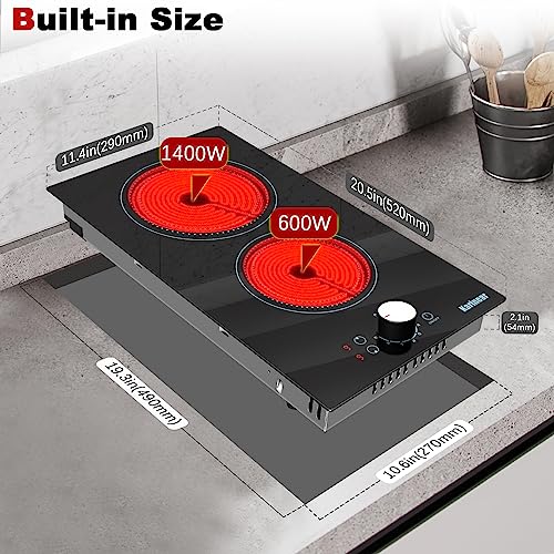 Image of Karinear 110V Electric Cooktop 2 Burners, 19 Inch Electric Stovetop Knob Control, 110v Outlet Plug, Countertop Use or Built-in Radiant Ceramic Cooktop, 9 Power Level