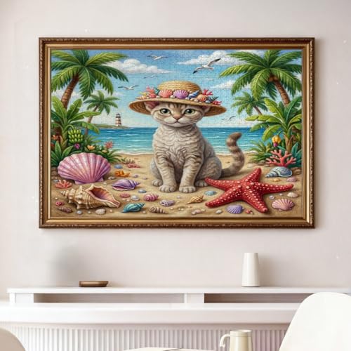 Rompecabezas de playa para adultos de 1000 piezas de madera Devon Rex con diseño tropical 4
