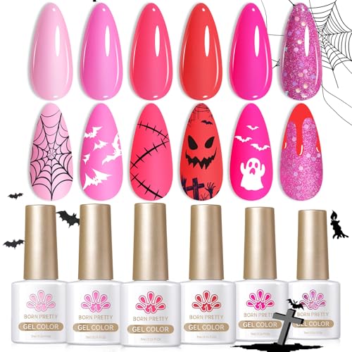 Born Pretty Neon Hot Pink Gel Nail Polish,Halloween Pink Ghost,Natural Soft Light to Dark Glitter Sparkle Gel Polish Soak Off U v LED Nail Art Manicue Kit DIY at Home or Manicure Salon 6PCS