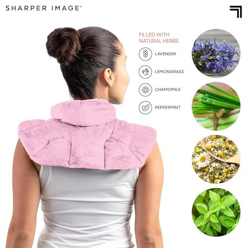 Image of Sharper Image Heated Neck & Shoulder Wrap - Microwavable Warm & Cooling Plush Pad, Scented Aromatherapy (100% Natural Lavender & Herb Spa Blend), Pain Tension Headache Relief Therapy, Gift for Women