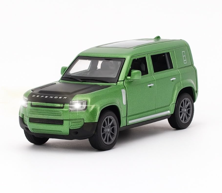 Image of 1:36 Scale Range Rover Defender Die-Cast Toy Car - Pull-Back Alloy Model Vehicle with Light and Sound Openable Doors for Kids, Boys & Collectors (Green)