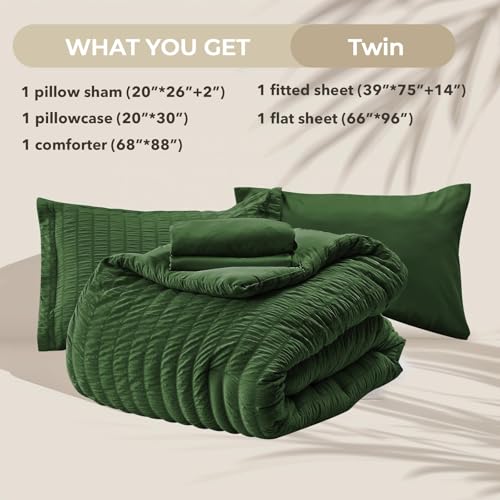 Image of HYMOKEGE Dark Green Twin Comforter Set Seersucker 5 Pieces, All Season Luxury Bed in a Bag Queen for Bedroom, Bedding Set with Comforter, Sheets, Pillowcase & Sham