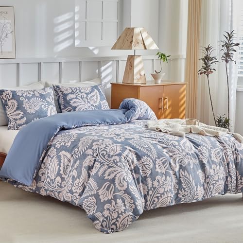 Lekesky Funda de edredón 220x240 cm con 2 fundas de almohada 65x65 cm - Motivo de estilo Paisley juego de ropa de cama 220x240 - en microfibra con cierres de cremallera, azul