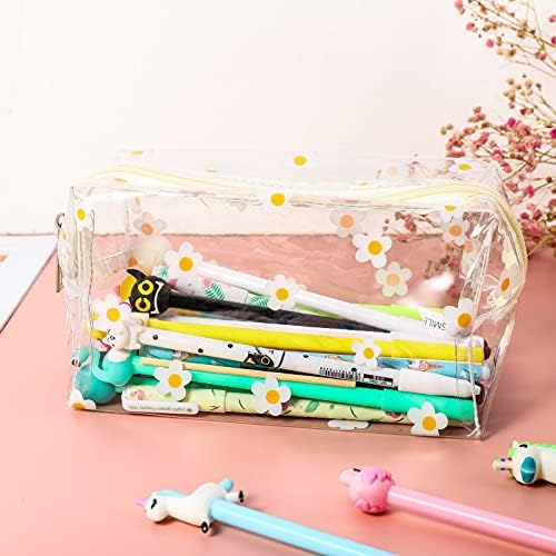 umorismo 2 Pcs Clear Pencil Case Large Pen Bag Stationery Pouch Cosmestic Make up Bag, Transparent Hyuna Daisy Floret Pattern Bag, PVC Clear Cosmetic Pouch for Women and Girls